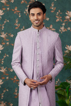 Light Purple Art Silk Traditional Sherwani Long Kurta & Pant for Men for Wedding - Embroidery Work, Bead Work