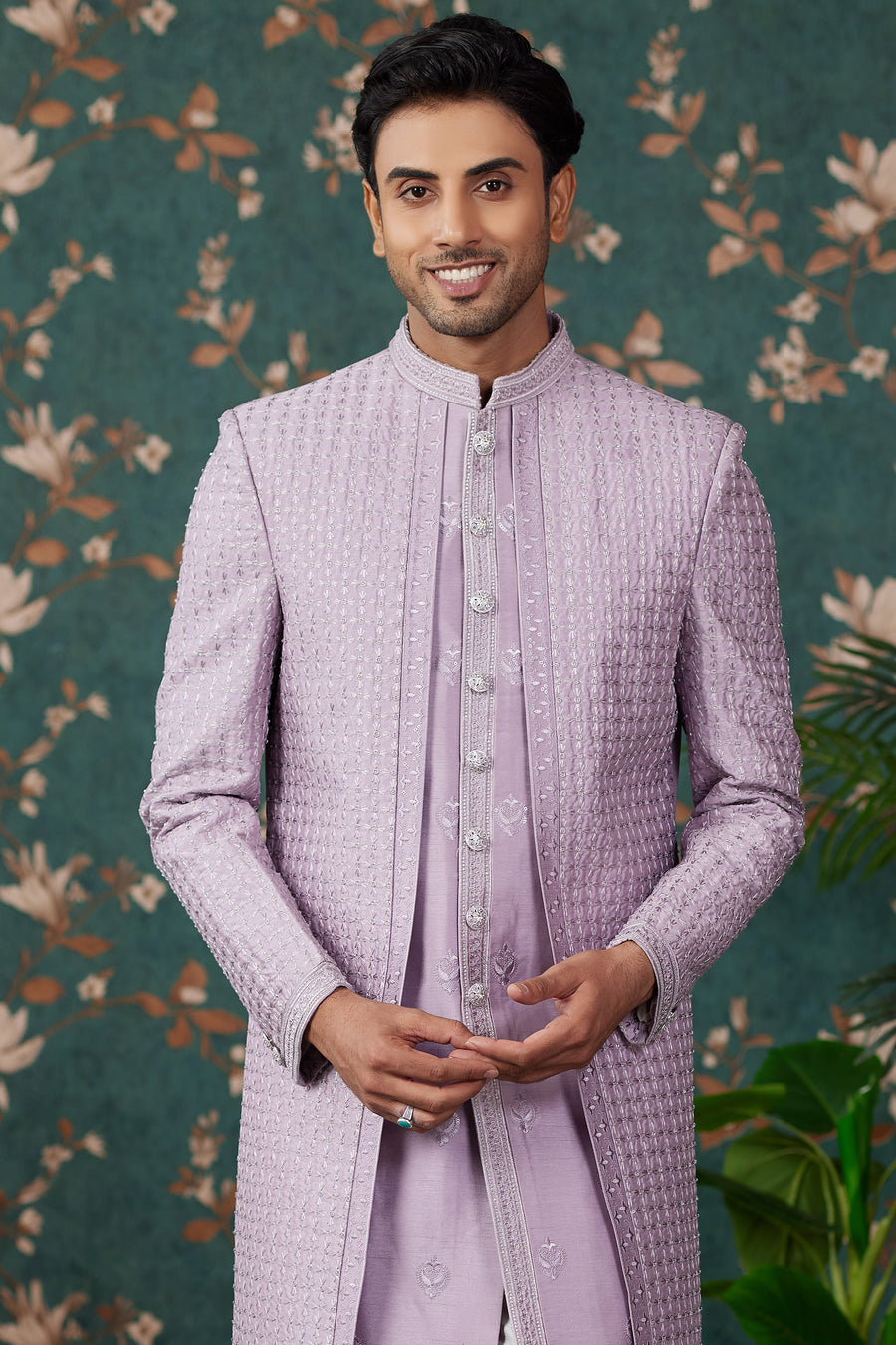 Light Purple Art Silk Traditional Sherwani Long Kurta & Pant for Men for Wedding - Embroidery Work, Bead Work