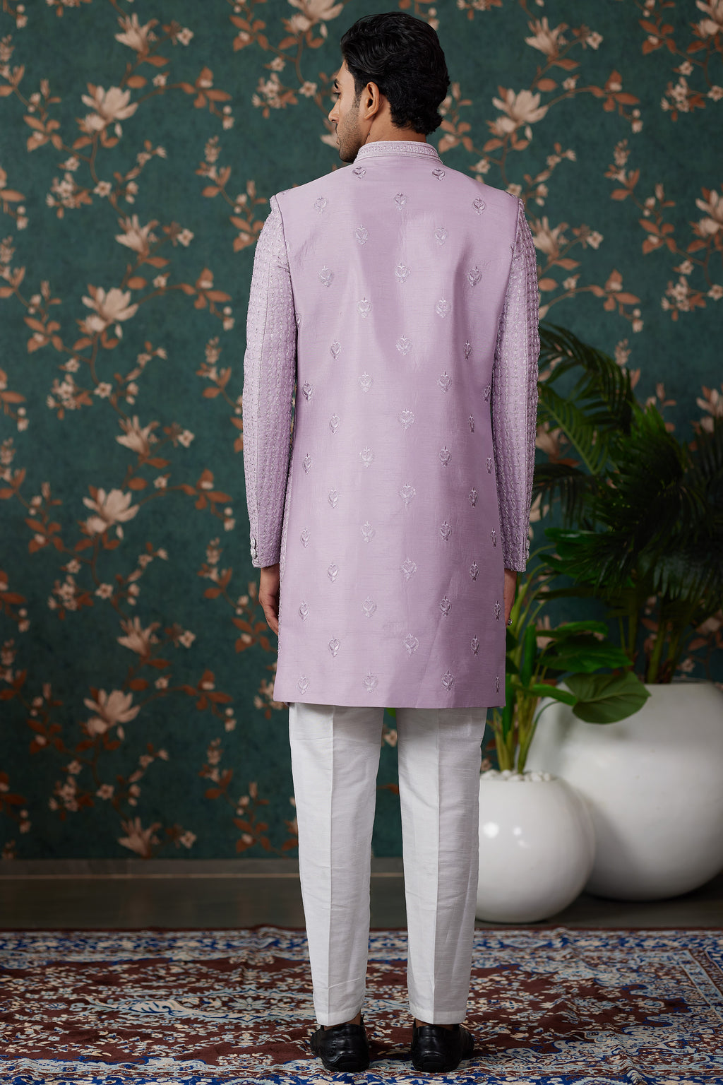 Light Purple Art Silk Traditional Sherwani Long Kurta & Pant for Men for Wedding - Embroidery Work, Bead Work