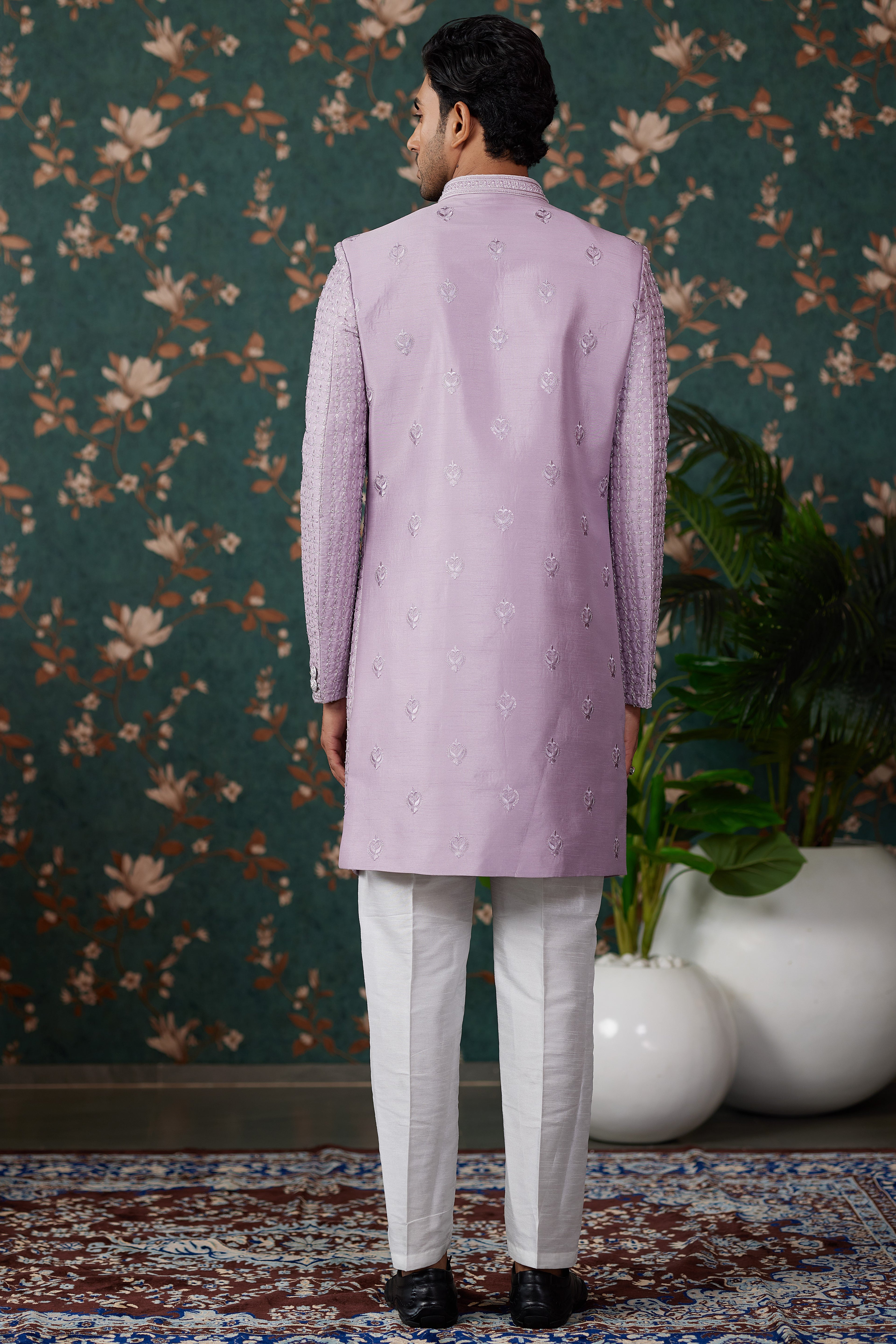 Light Purple Art Silk Traditional Sherwani Long Kurta & Pant for Men for Wedding - Embroidery Work, Bead Work