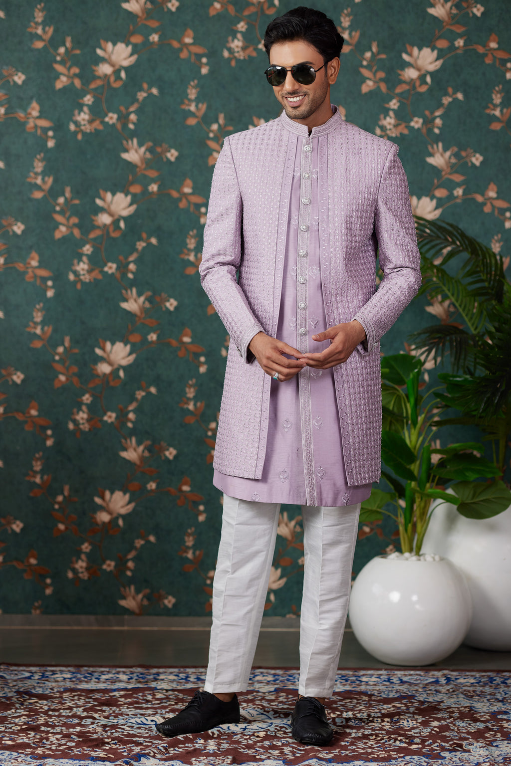 Light Purple Art Silk Traditional Sherwani Long Kurta & Pant for Men for Wedding - Embroidery Work, Bead Work