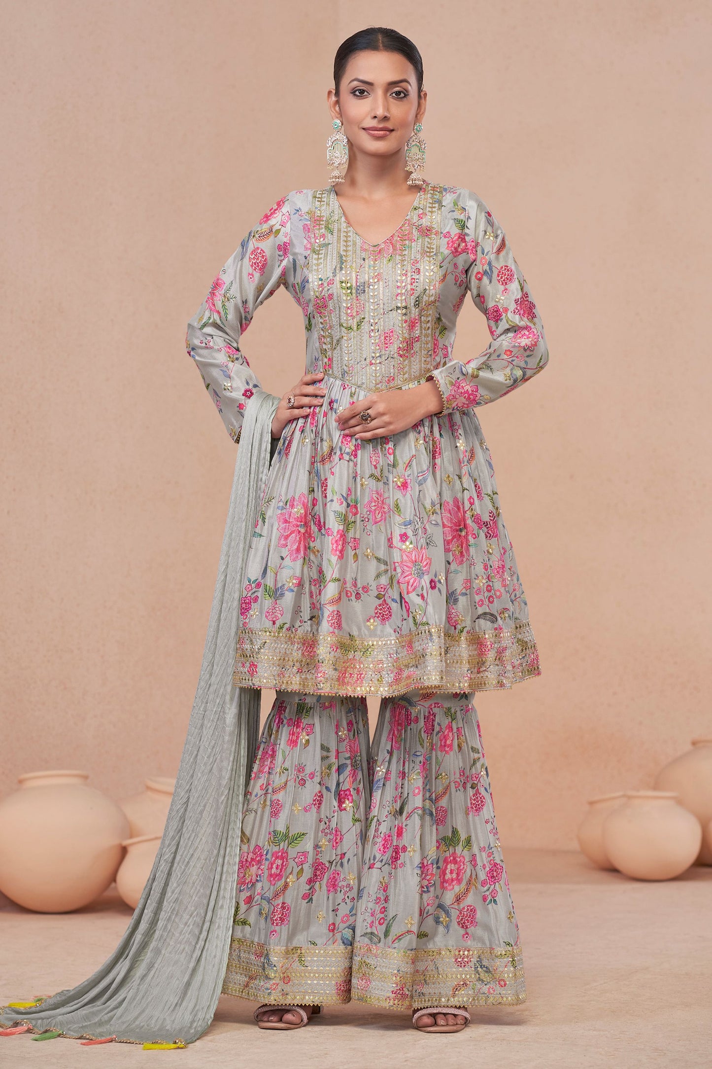 Light Purple Chinon Silk Flower Floral Printed Sharara Gharara Suit For Indian Festivals & Pakistani Weddings - Embroidery Work, Print Work