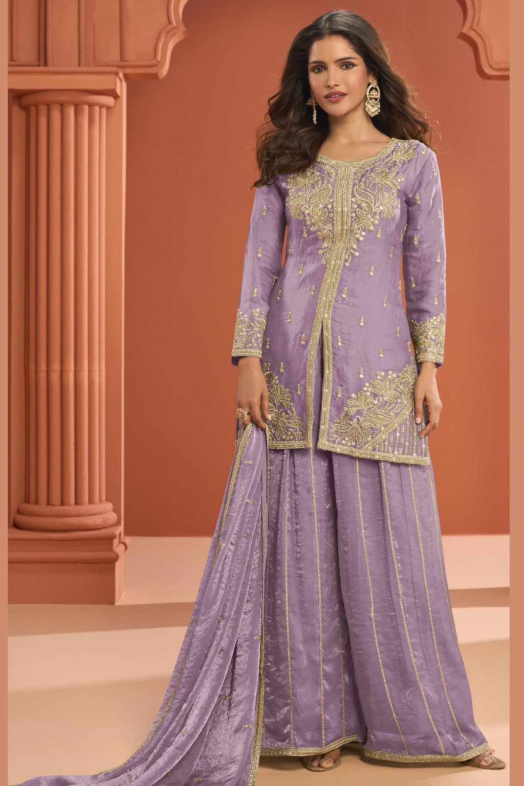 Light Purple Fandy Silk Plazo Suit For Indian & Pakistani Wedding Festival - Thread Embroidery Work