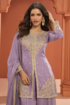 Light Purple Fandy Silk Plazo Suit For Indian & Pakistani Wedding Festival - Thread Embroidery Work