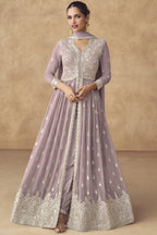 Light Purple Georgette Long Anarkali Suit with Front Slit For Indian Festivals & Pakistani Weddings Dress - Embroidery Work