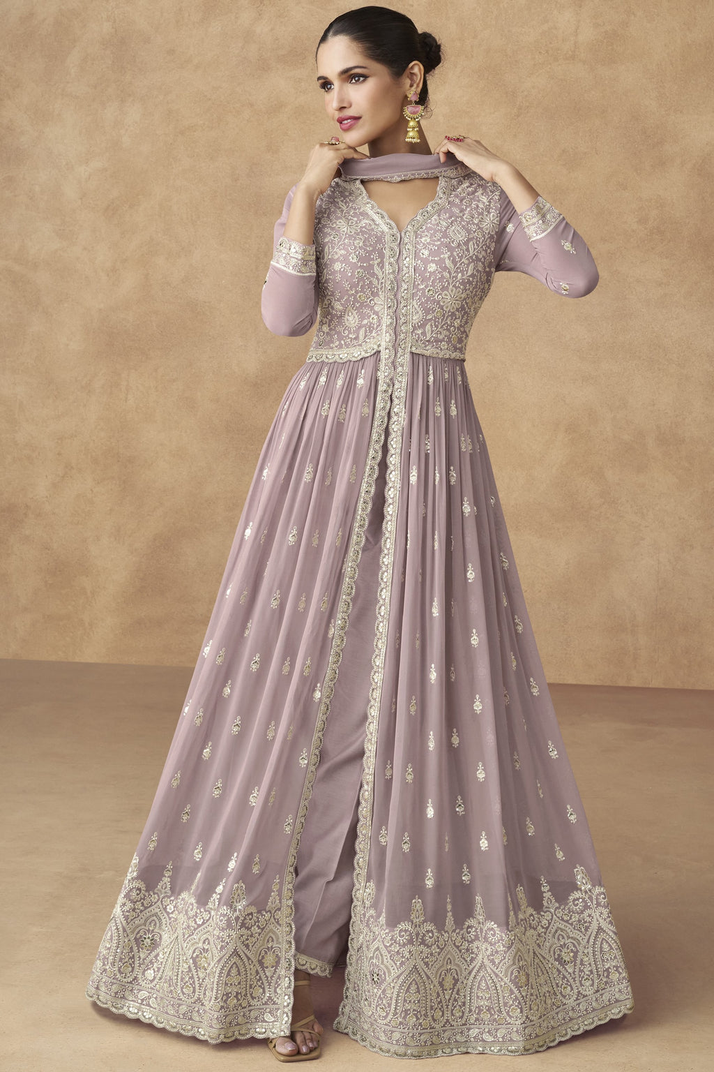 Light Purple Georgette Long Anarkali Suit with Front Slit For Indian Festivals & Pakistani Weddings Dress - Embroidery Work