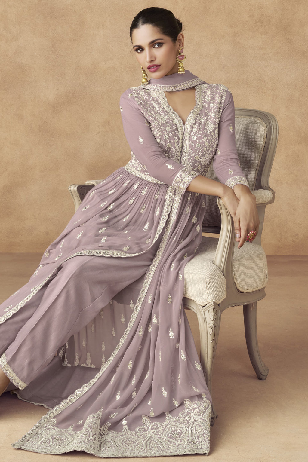 Light Purple Georgette Long Anarkali Suit with Front Slit For Indian Festivals & Pakistani Weddings Dress - Embroidery Work