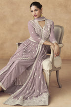 Light Purple Georgette Long Anarkali Suit with Front Slit For Indian Festivals & Pakistani Weddings Dress - Embroidery Work
