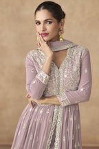 Light Purple Georgette Long Anarkali Suit with Front Slit For Indian Festivals & Pakistani Weddings Dress - Embroidery Work