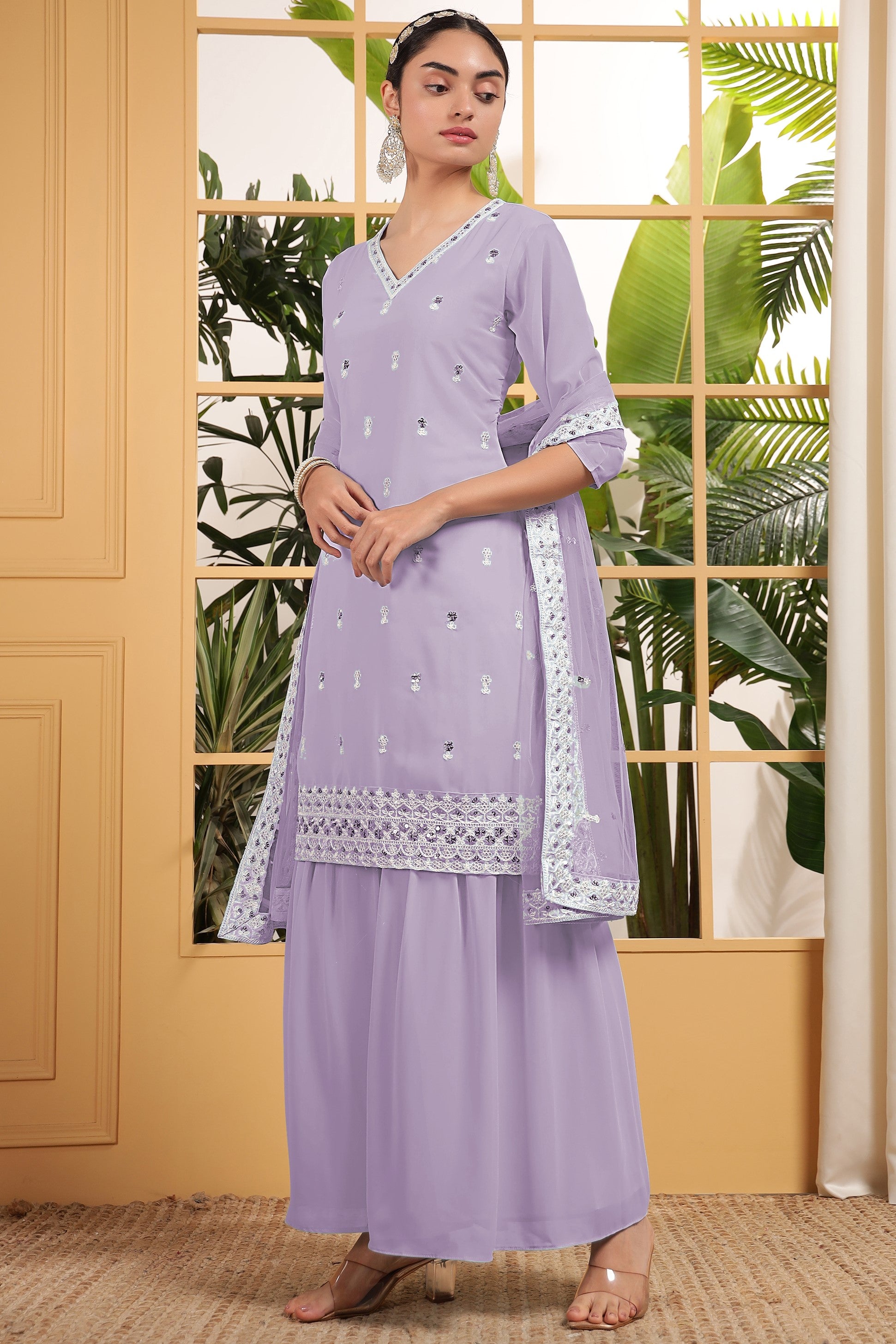 Light Purple Georgette Palazzo Suit For Indian & Pakistani Wedding Festival - Embroidery Work
