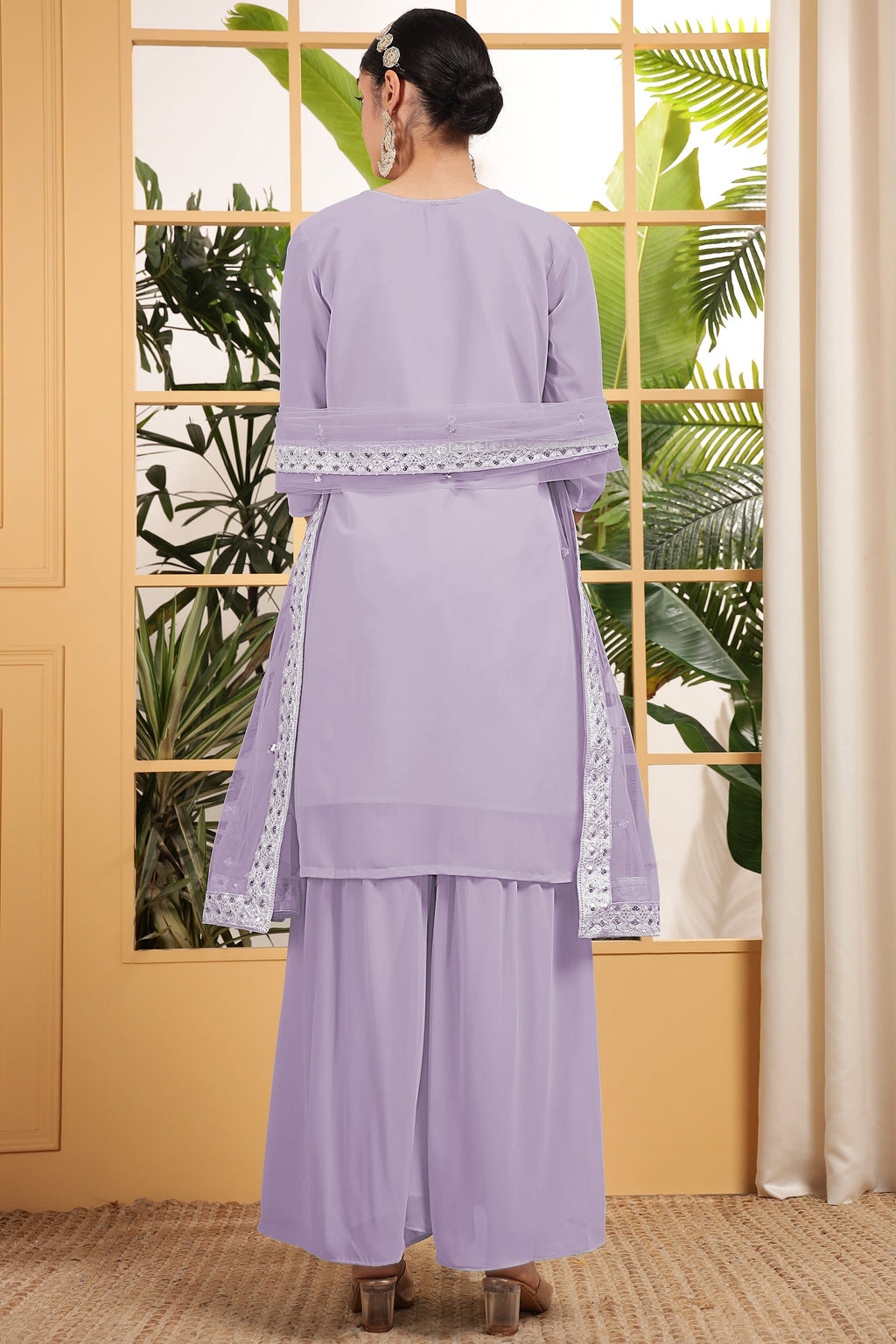 Light Purple Georgette Palazzo Suit For Indian & Pakistani Wedding Festival - Embroidery Work