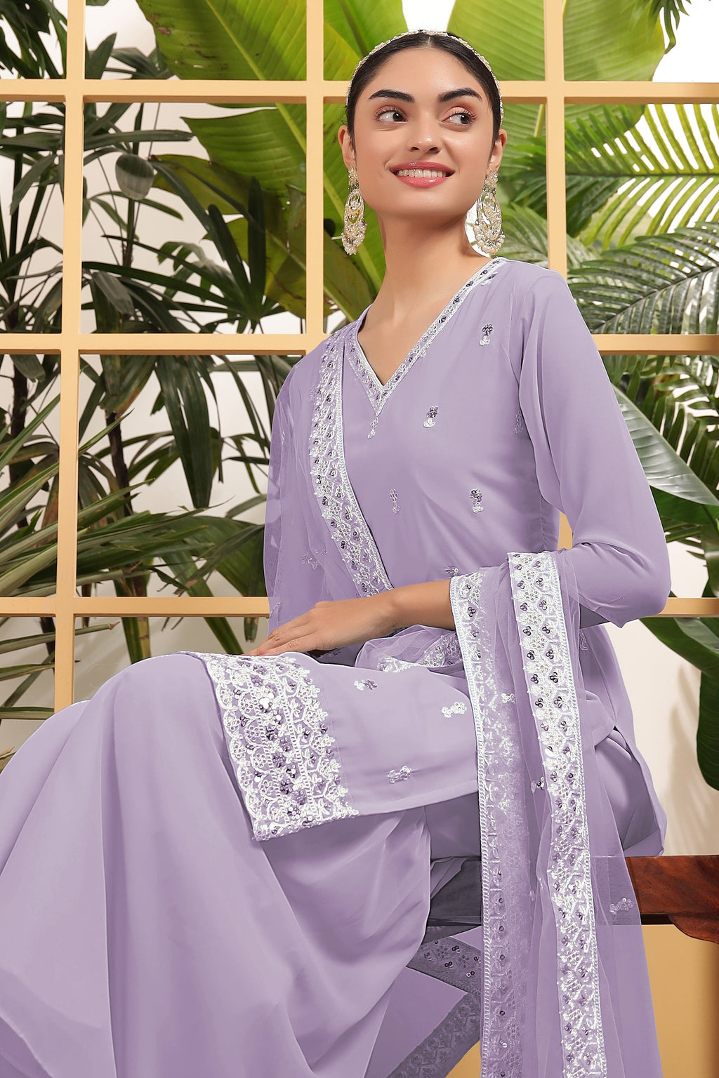 Light Purple Georgette Palazzo Suit For Indian & Pakistani Wedding Festival - Embroidery Work