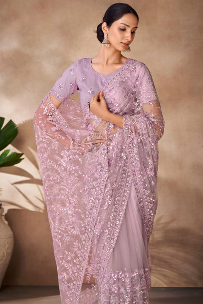 Light Purple Net Indian Saree with Blouse for Festival & Weddings - Sequence Embroidery Work, Thread Embroidery Work, Zarkan Work