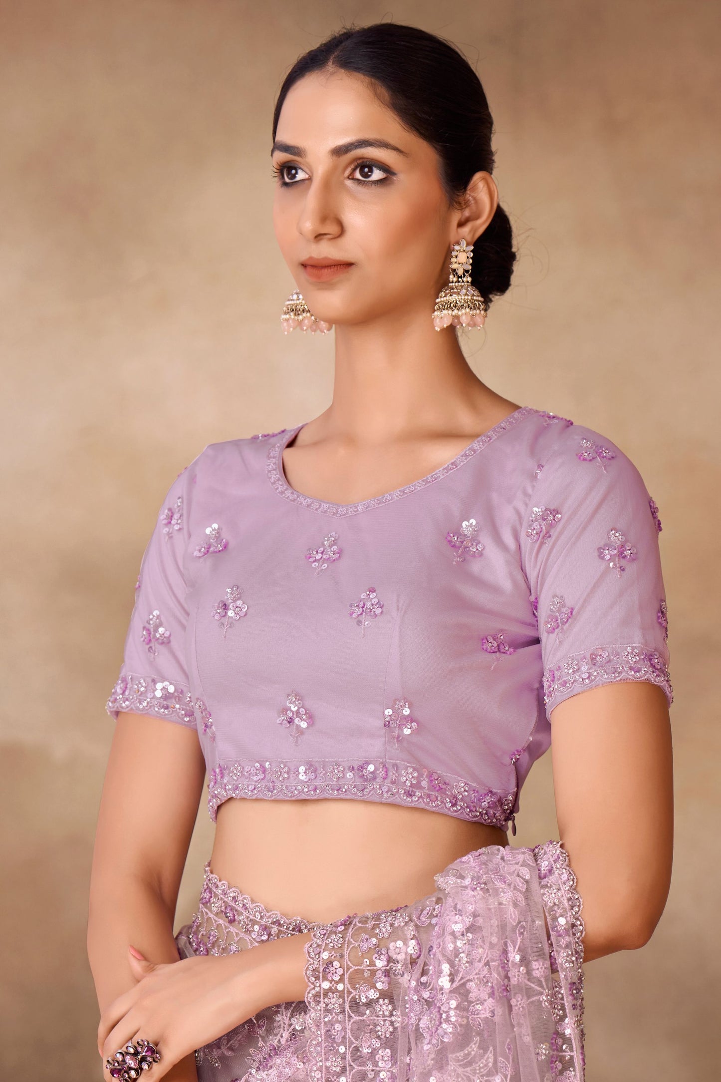 Light Purple Net Indian Saree with Blouse for Festival & Weddings - Sequence Embroidery Work, Thread Embroidery Work, Zarkan Work