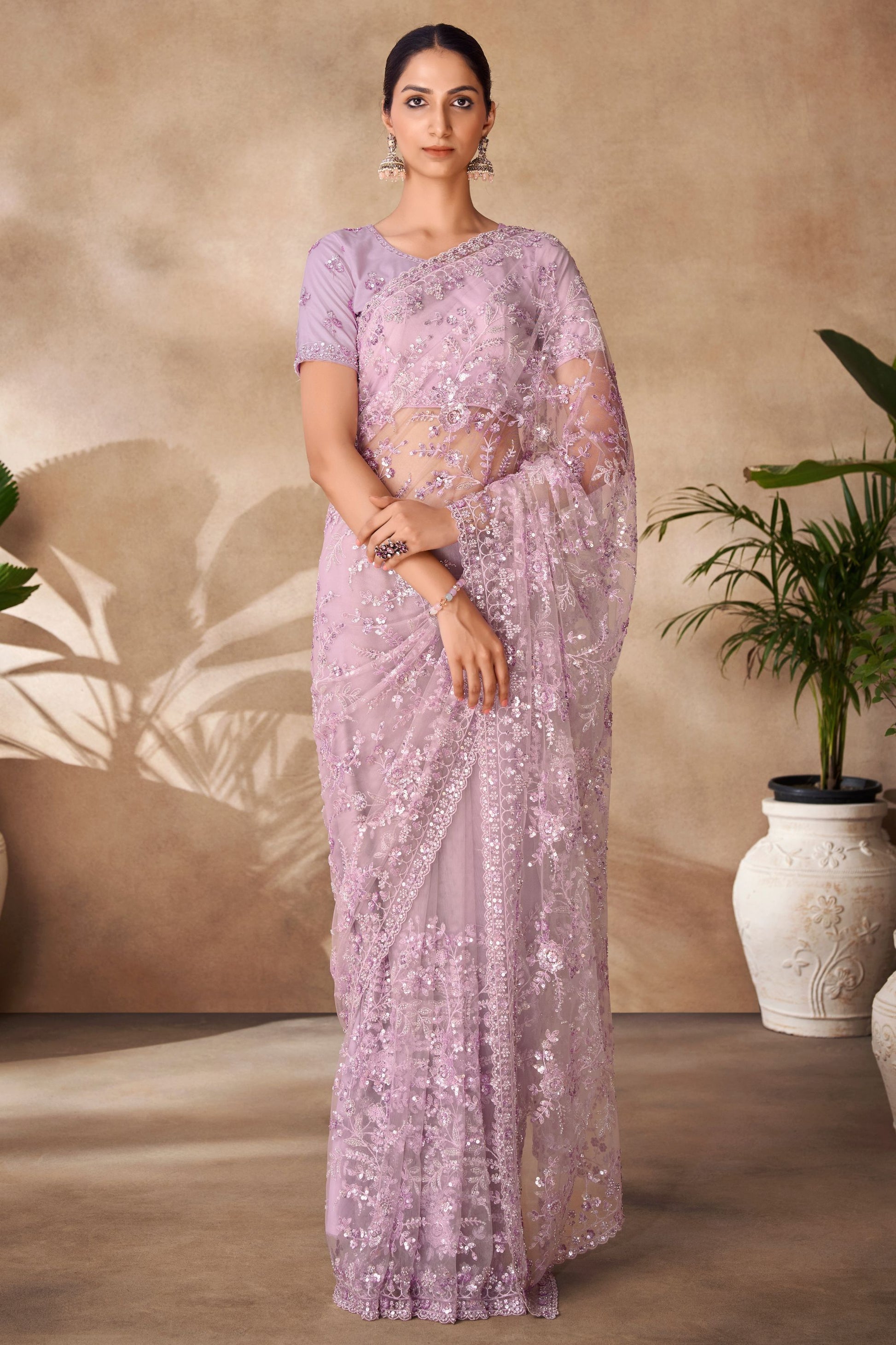 Light Purple Net Indian Saree with Blouse for Festival & Weddings - Sequence Embroidery Work, Thread Embroidery Work, Zarkan Work