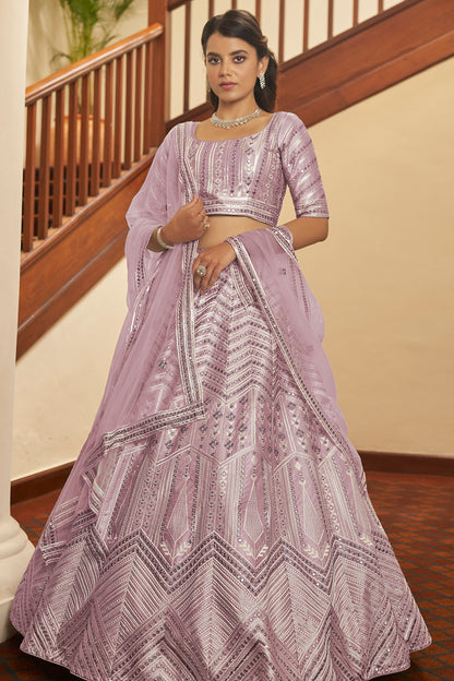 Light Purple Pakistani Silk Lehenga Choli For Indian Festivals & Weddings - Sequence Embroidery Work, Thread Embroidery Work,