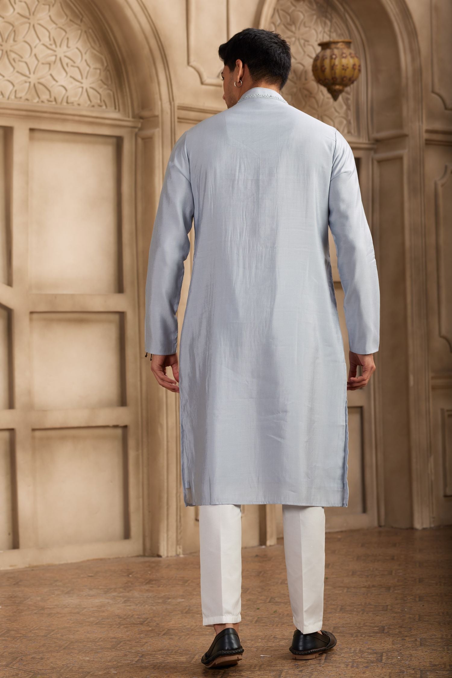 Light Sky Blue Art Silk Kurta Pajama for Male with Real Mirror Work