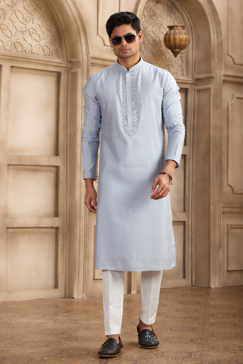 Light Sky Blue Art Silk Kurta Pajama for Male with Real Mirror Work