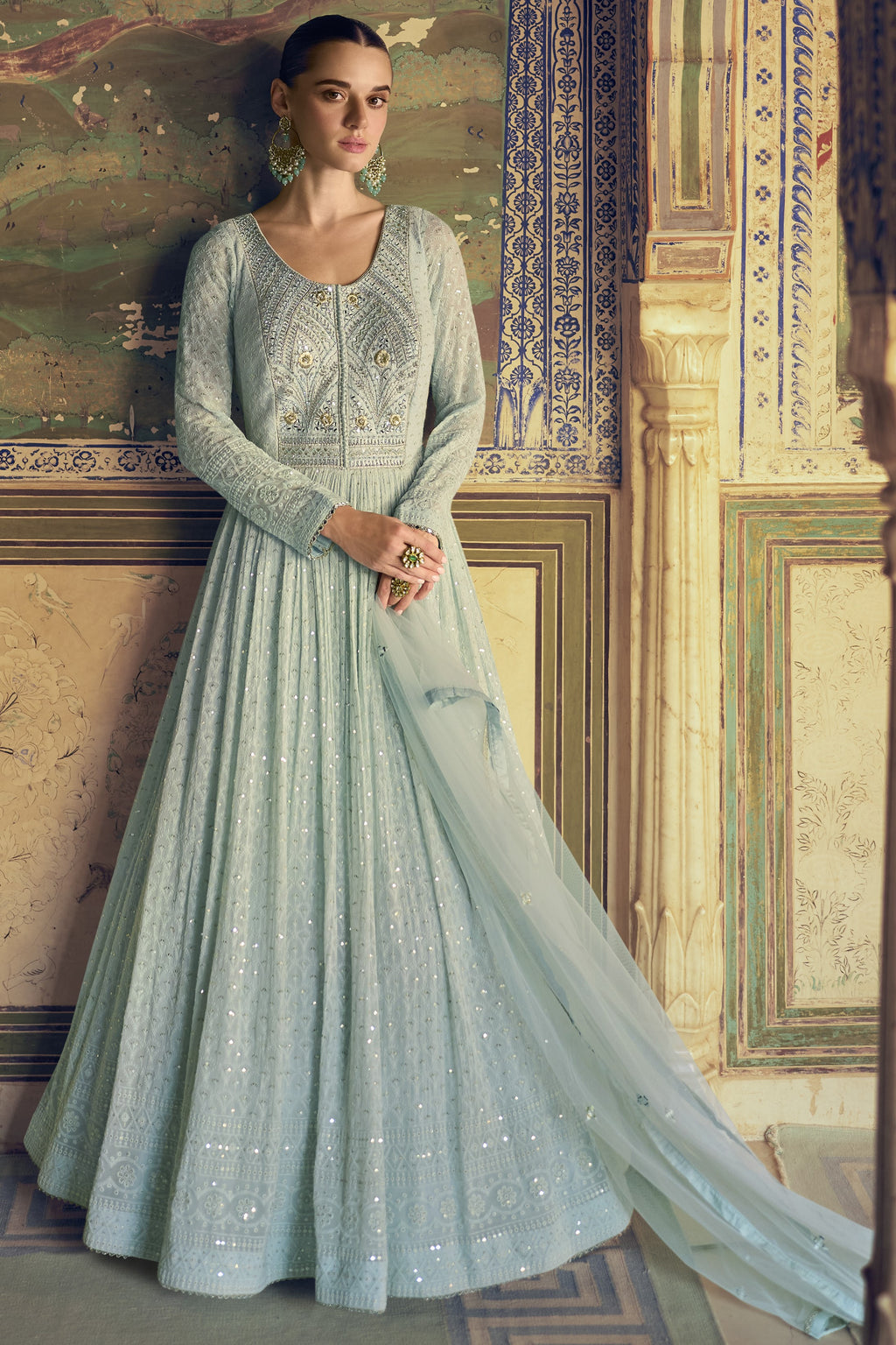 Cyan Georgette Floor Full Length Partywear Anarkali Suit For Indian Festival & Pakistani Weddings - Chikankari Embroidery Work