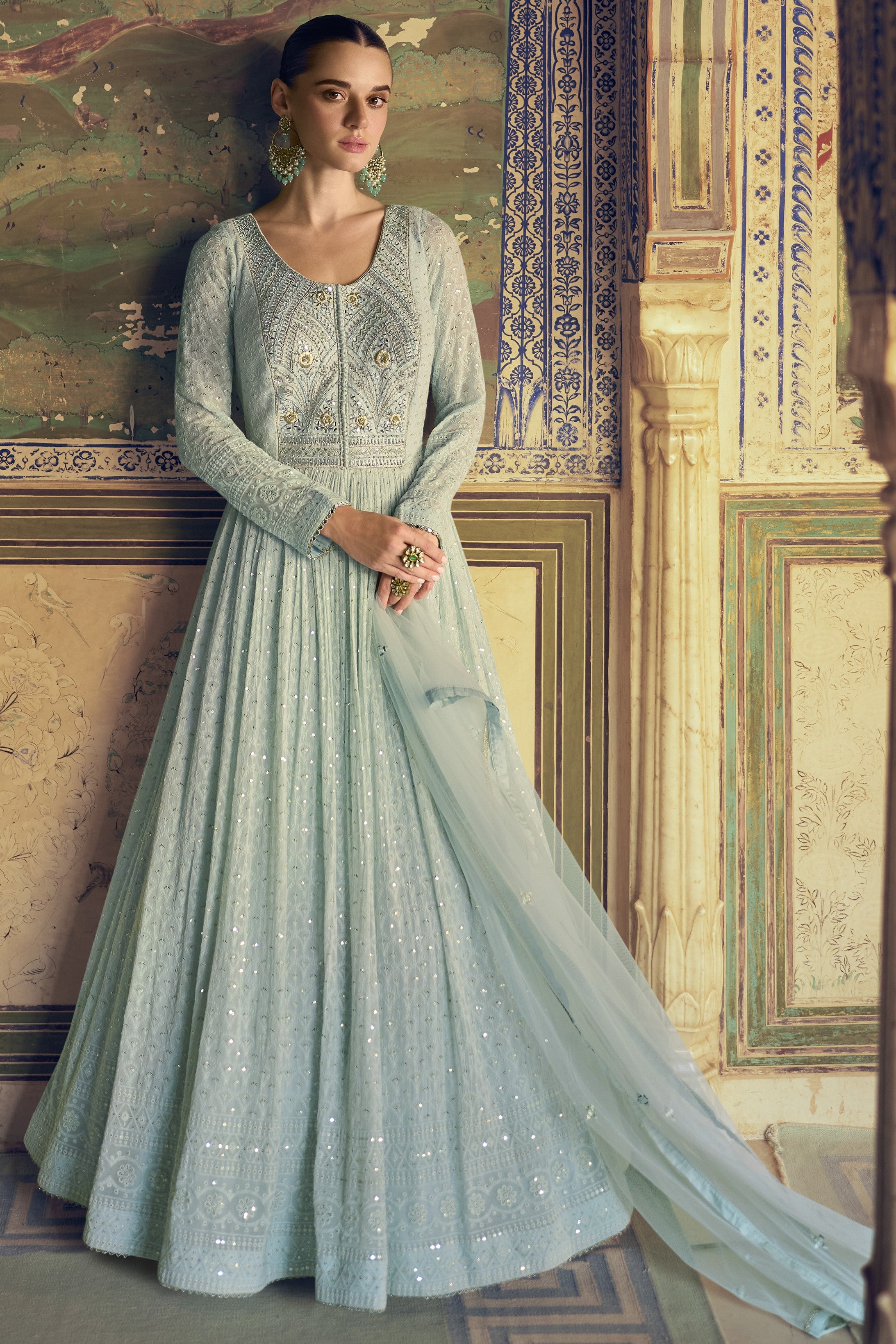 Cyan Georgette Floor Full Length Partywear Anarkali Suit For Indian Festival & Pakistani Weddings - Chikankari Embroidery Work