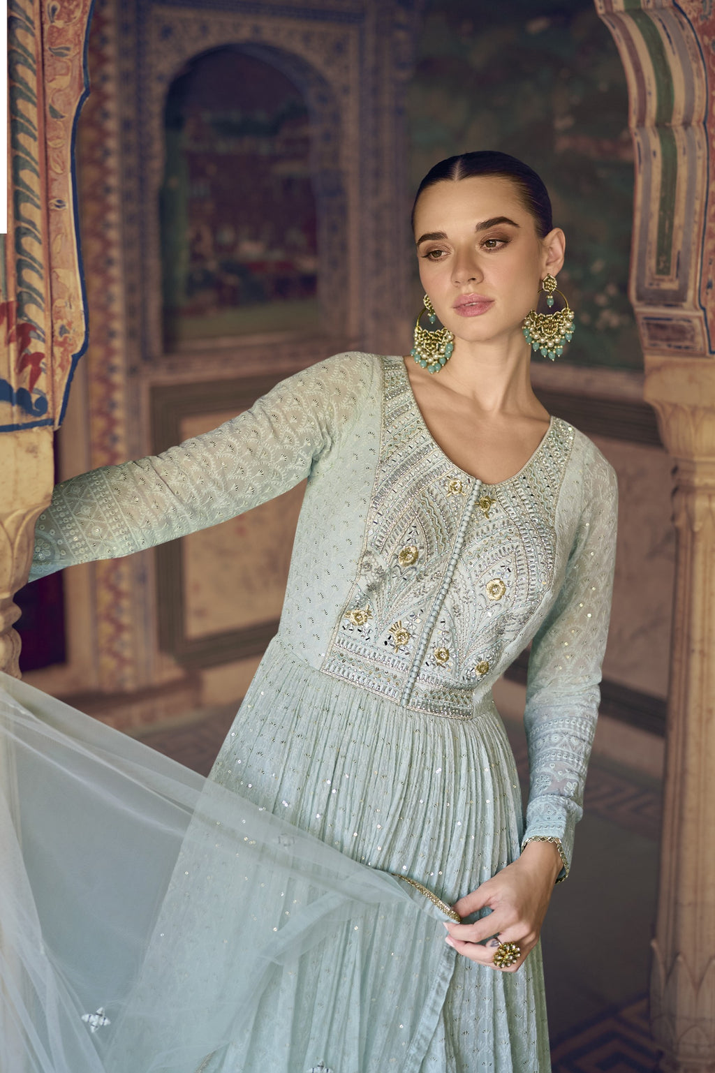 Cyan Georgette Floor Full Length Partywear Anarkali Suit For Indian Festival & Pakistani Weddings - Chikankari Embroidery Work