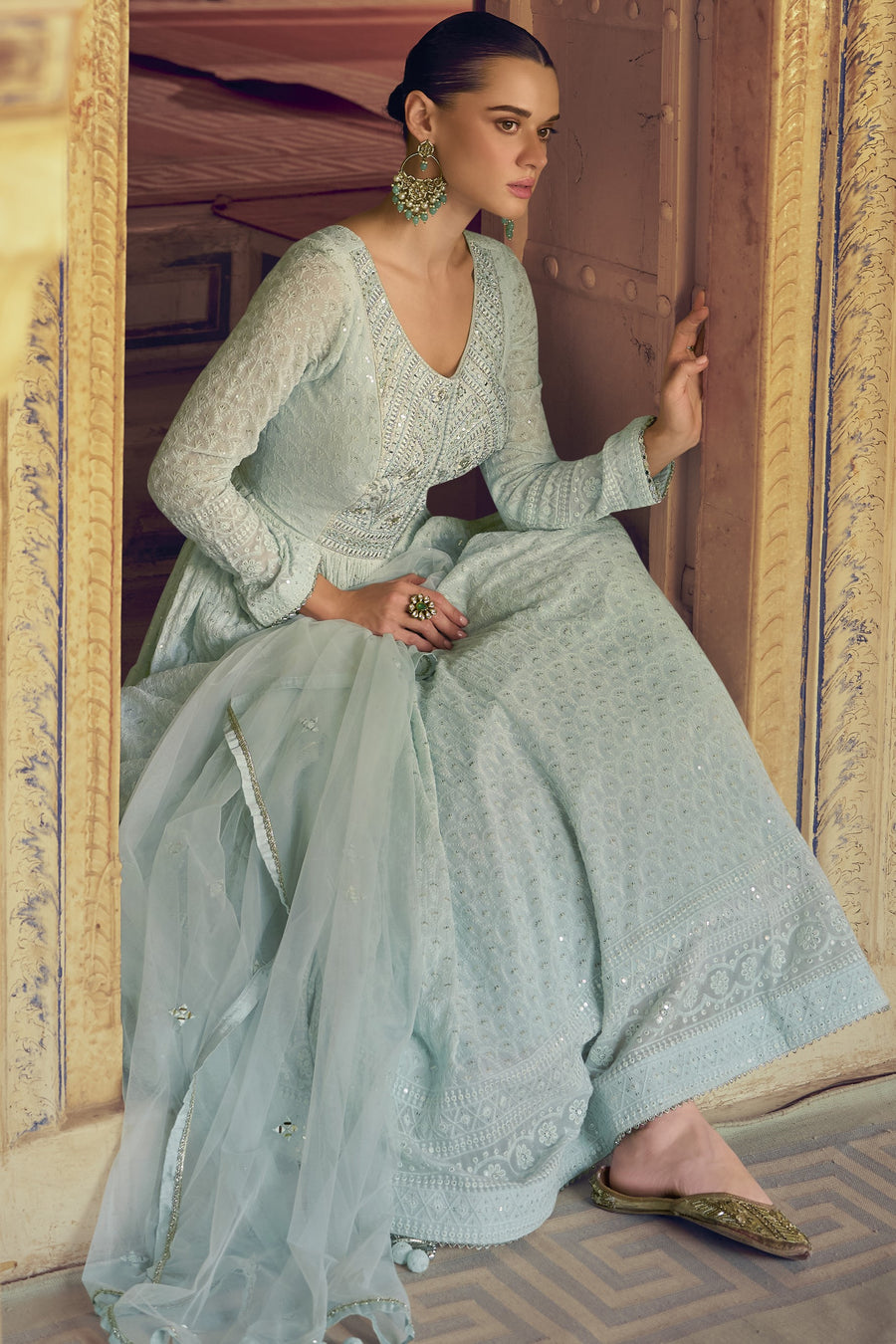 Cyan Georgette Floor Full Length Partywear Anarkali Suit For Indian Festival & Pakistani Weddings - Chikankari Embroidery Work