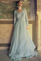 Cyan Georgette Floor Full Length Partywear Anarkali Suit For Indian Festival & Pakistani Weddings - Chikankari Embroidery Work