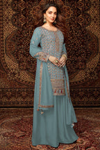 Light Teal Chinon Silk Kameez With Palazzo Suit For Indian & Pakistani Wedding Festival - Thread & Sequence Embroidery