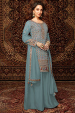 Light Teal Chinon Silk Kameez With Palazzo Suit For Indian & Pakistani Wedding Festival - Thread & Sequence Embroidery