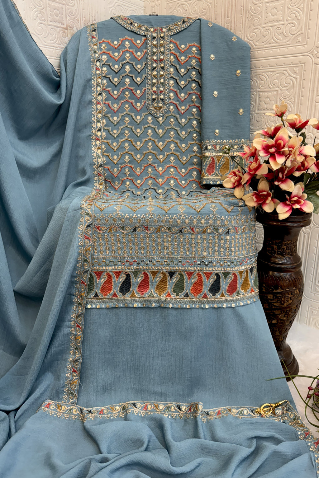 Light Teal Chinon Silk Kameez With Palazzo Suit For Indian & Pakistani Wedding Festival - Thread & Sequence Embroidery