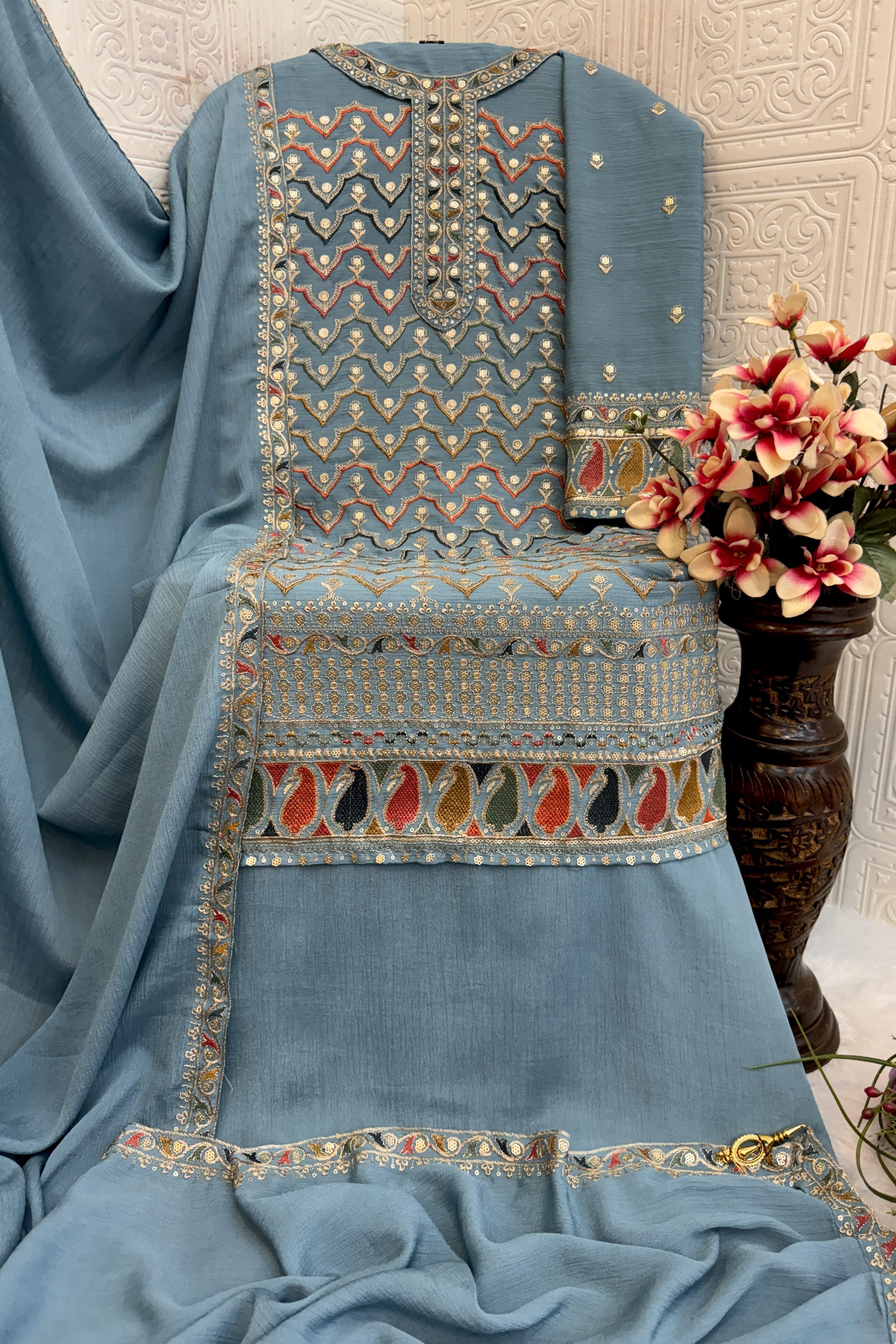 Light Teal Chinon Silk Kameez With Palazzo Suit For Indian & Pakistani Wedding Festival - Thread & Sequence Embroidery