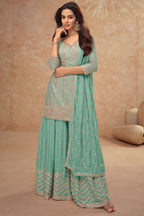 Light Teal Chinon Silk Plazo Suit For Indian Weddings & Pakitani Festival - Embroidery Work