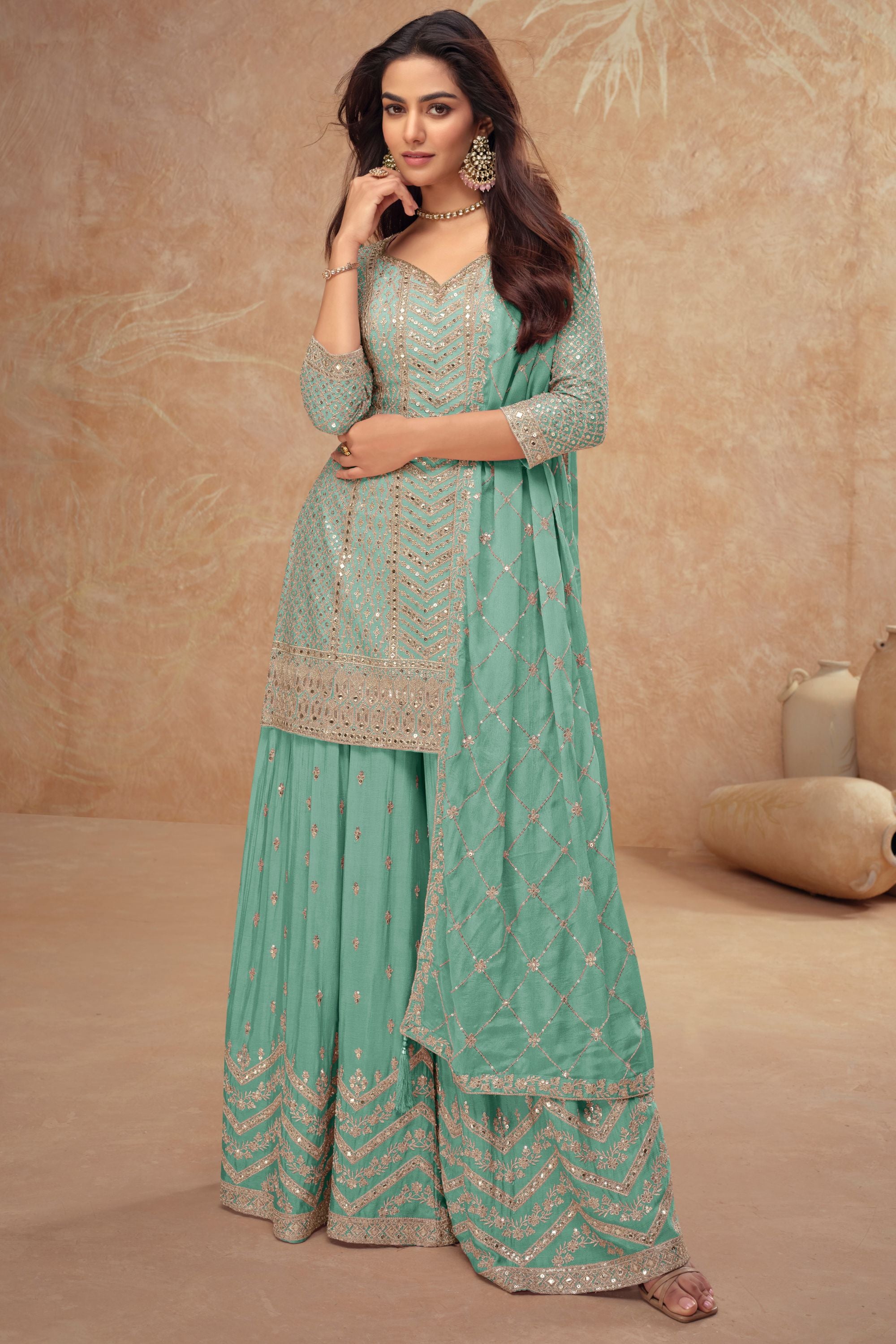 Light Teal Chinon Silk Plazo Suit For Indian Weddings & Pakitani Festival - Embroidery Work