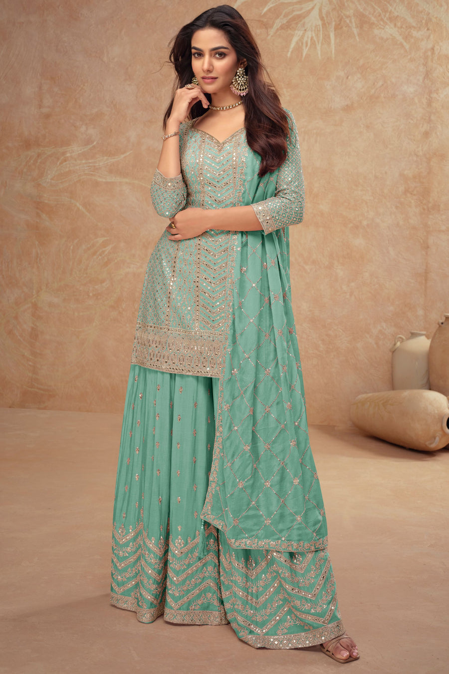 Light Teal Chinon Silk Plazo Suit For Indian Weddings & Pakitani Festival - Embroidery Work