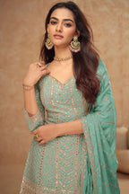 Light Teal Chinon Silk Plazo Suit For Indian Weddings & Pakitani Festival - Embroidery Work