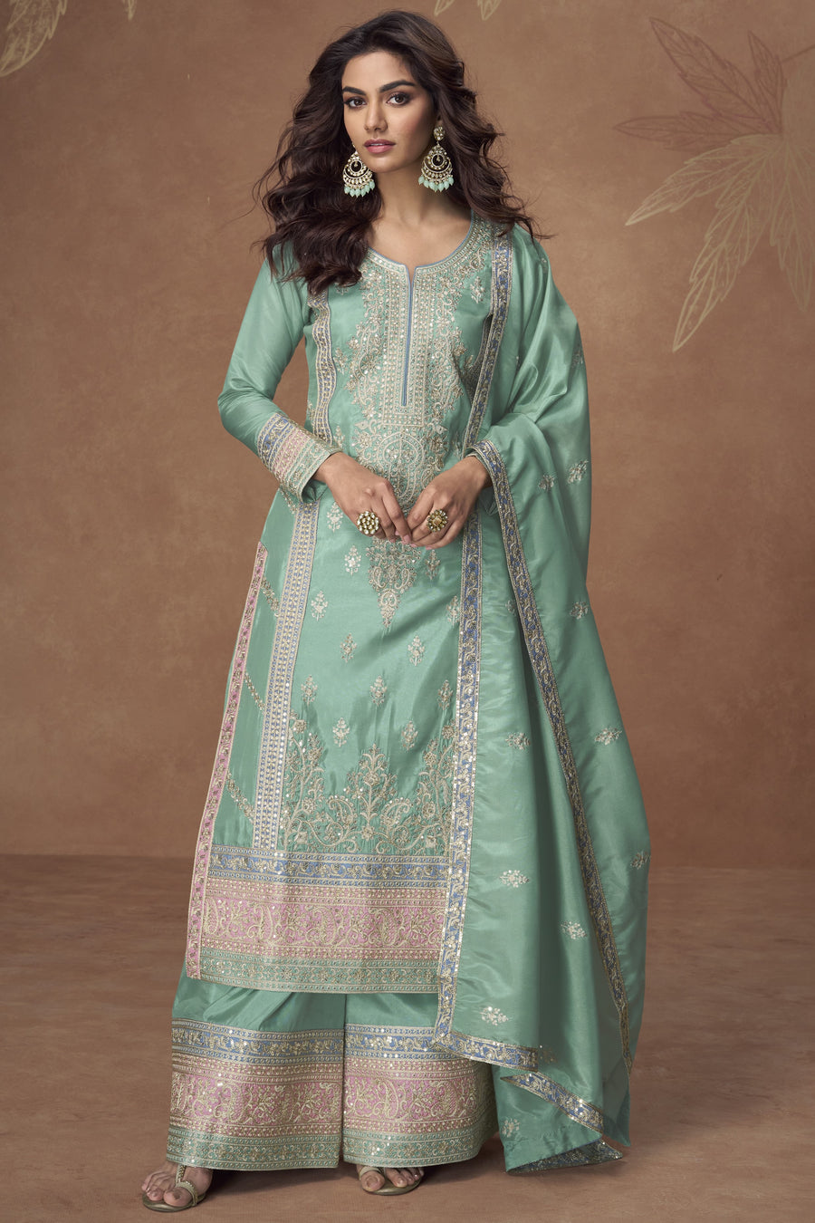 Light Teal Simmer Silk Kameez with Pant For Indian Festivals & Weddings - Embroidery Work