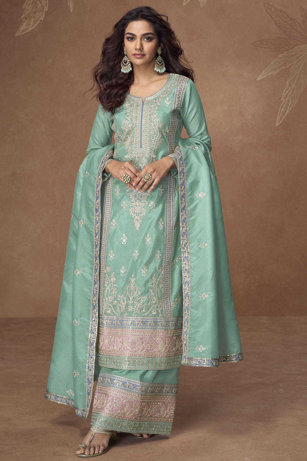 Light Teal Simmer Silk Kameez with Pant For Indian Festivals & Weddings - Embroidery Work