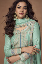 Light Teal Simmer Silk Kameez with Pant For Indian Festivals & Weddings - Embroidery Work