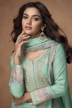 Light Teal Simmer Silk Kameez with Pant For Indian Festivals & Weddings - Embroidery Work