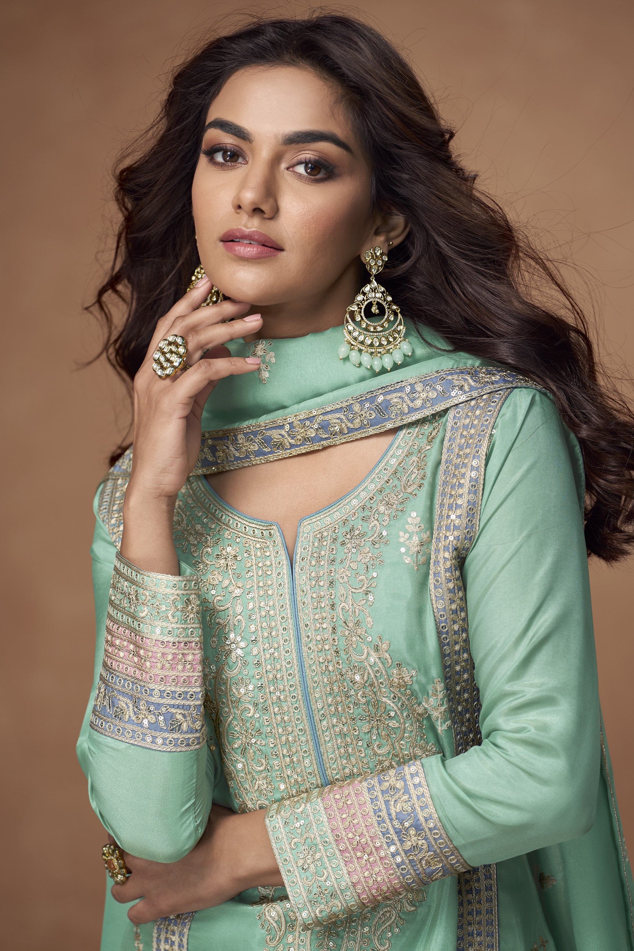 Light Teal Simmer Silk Kameez with Pant For Indian Festivals & Weddings - Embroidery Work