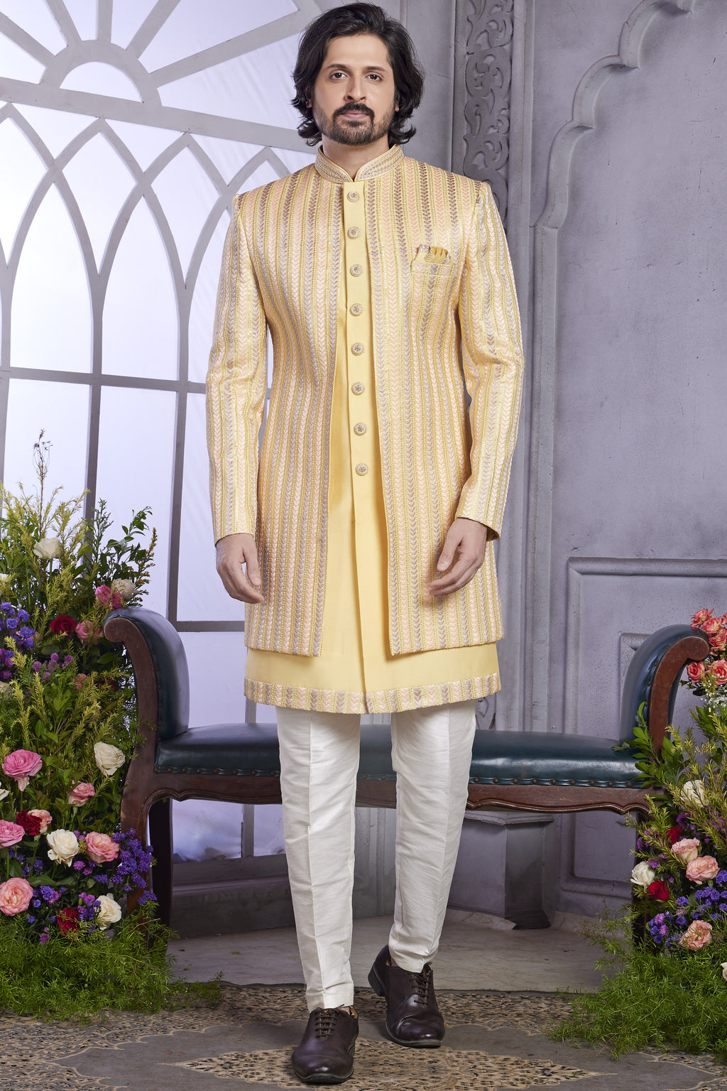 Peach Art Silk Indo Western Traditional Sherwani Kurta with Jacket & Pant for Men for Wedding - Embroidery Work