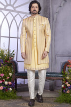 Peach Art Silk Indo Western Traditional Sherwani Kurta with Jacket & Pant for Men for Wedding - Embroidery Work