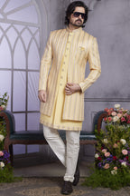 Peach Art Silk Indo Western Traditional Sherwani Kurta with Jacket & Pant for Men for Wedding - Embroidery Work