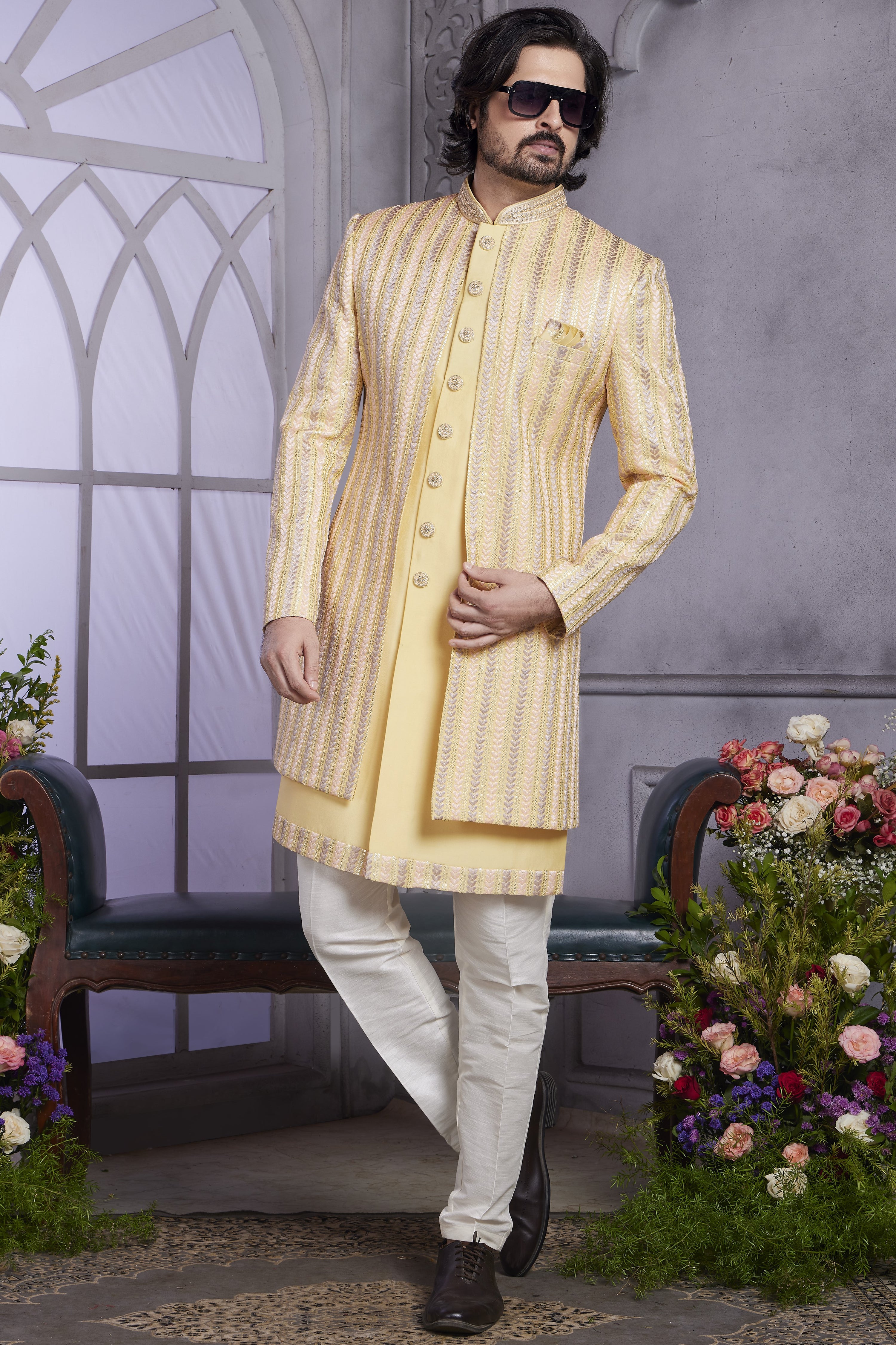 Peach Art Silk Indo Western Traditional Sherwani Kurta with Jacket & Pant for Men for Wedding - Embroidery Work