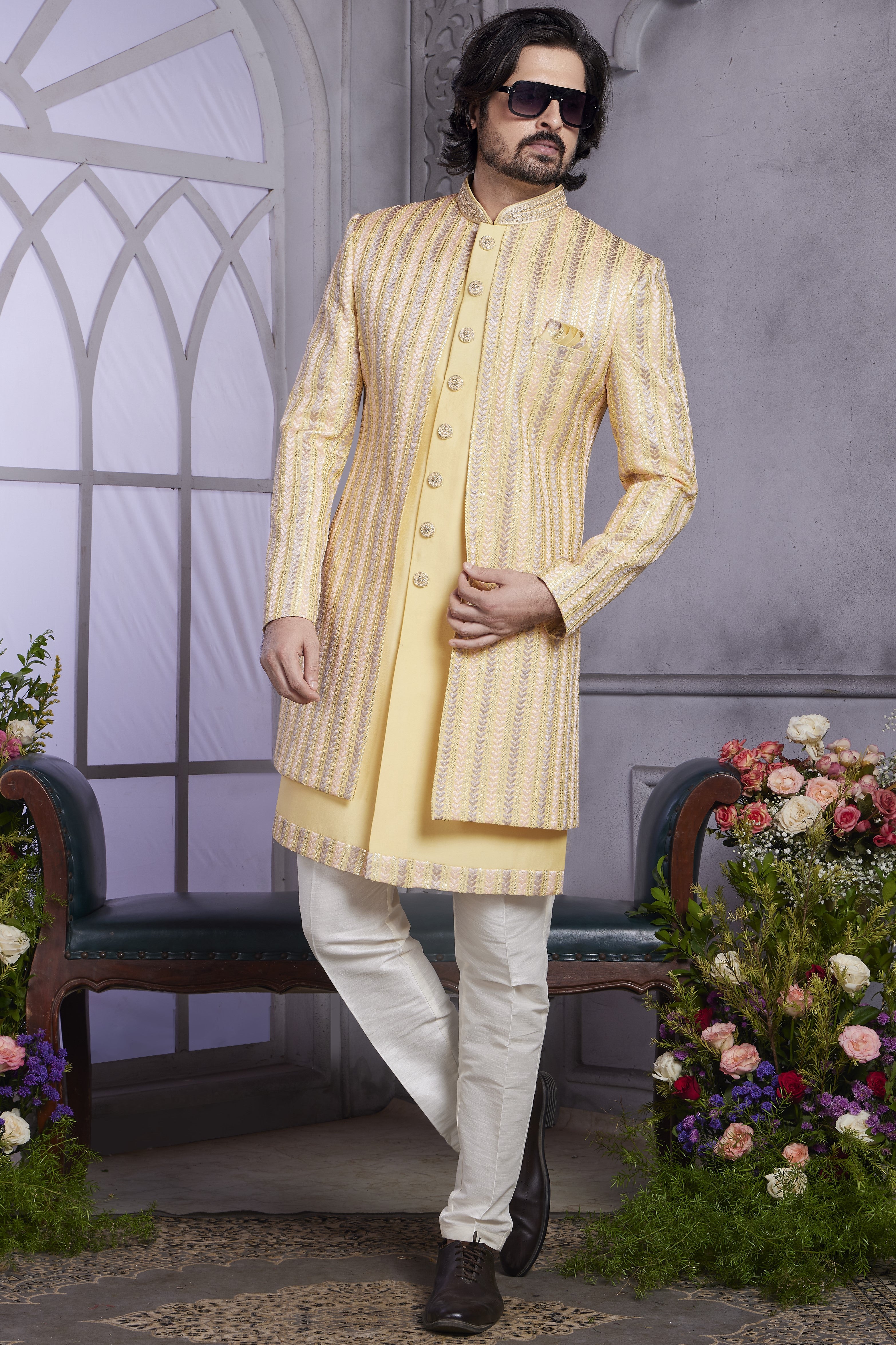 Peach Art Silk Indo Western Traditional Sherwani Kurta with Jacket & Pant for Men for Wedding - Embroidery Work