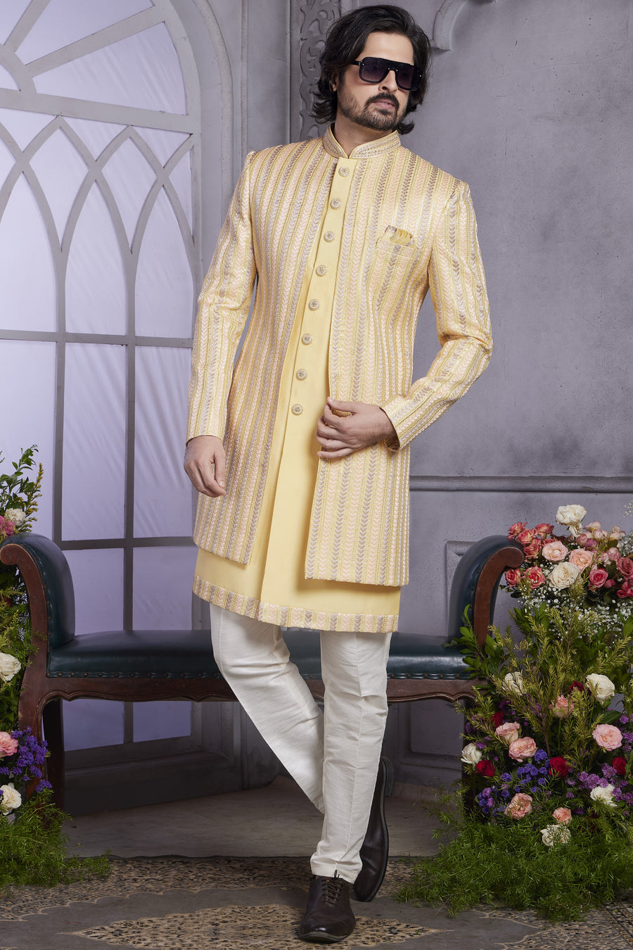 Peach Art Silk Indo Western Traditional Sherwani Kurta with Jacket & Pant for Men for Wedding - Embroidery Work