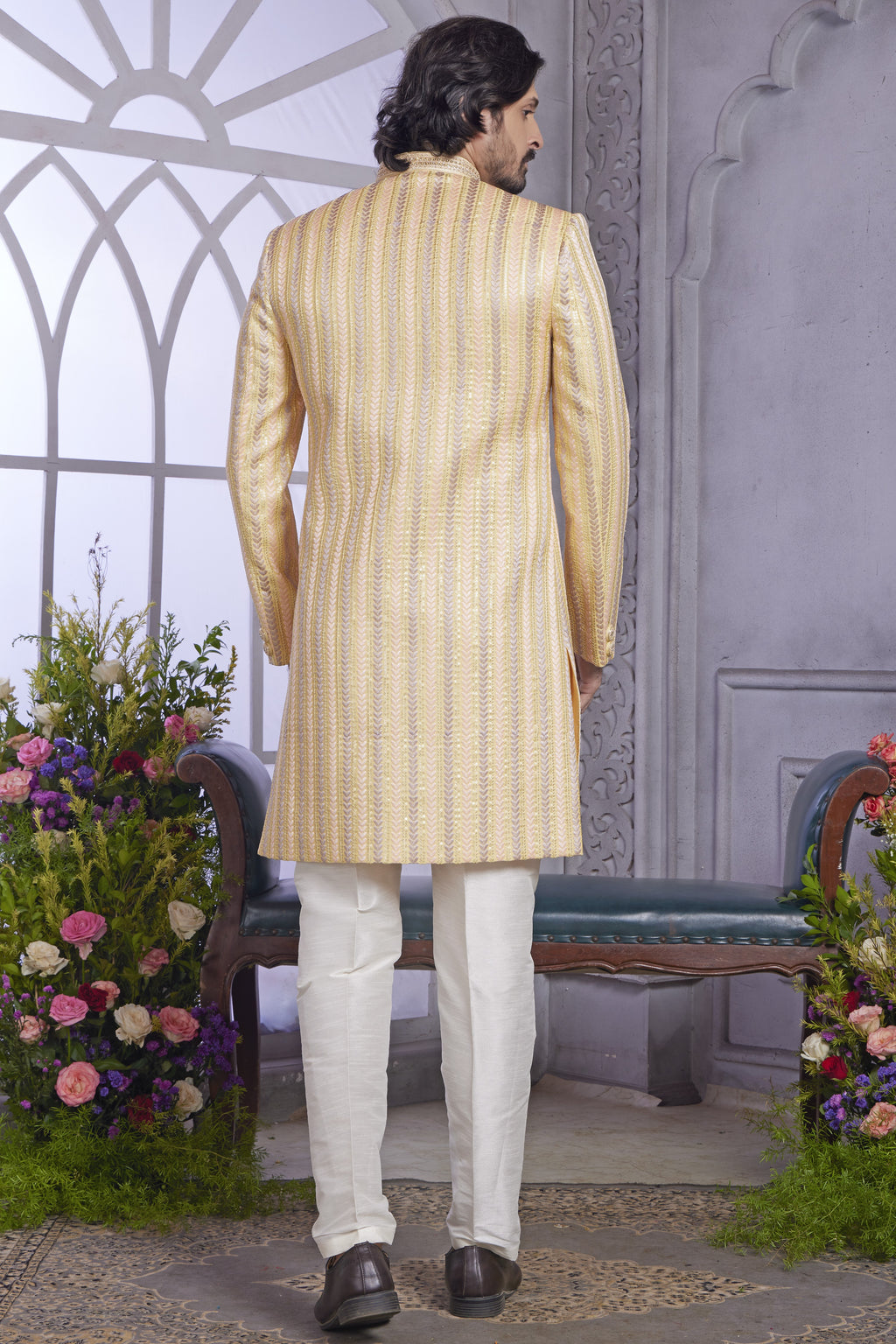 Peach Art Silk Indo Western Traditional Sherwani Kurta with Jacket & Pant for Men for Wedding - Embroidery Work