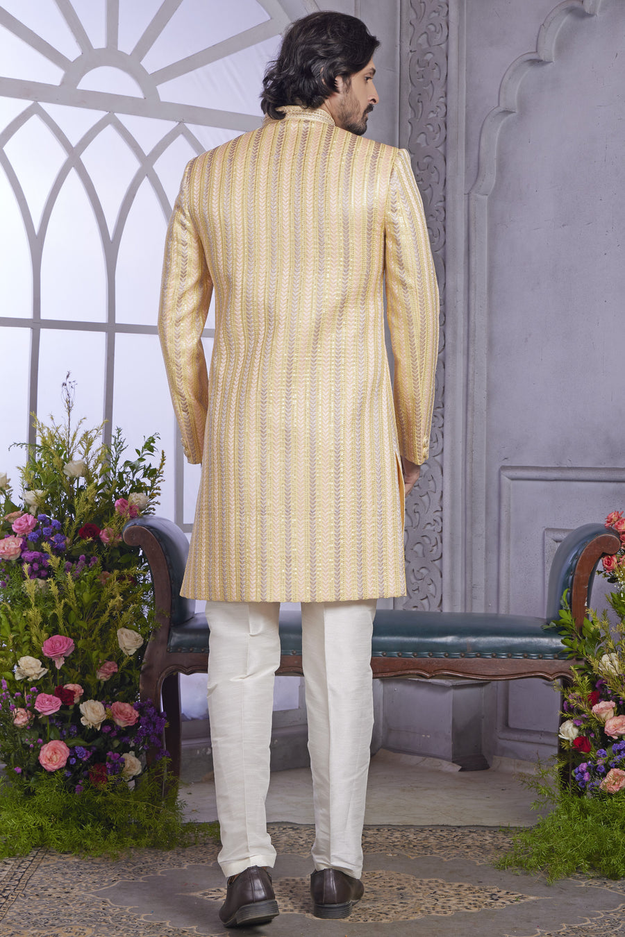Peach Art Silk Indo Western Traditional Sherwani Kurta with Jacket & Pant for Men for Wedding - Embroidery Work