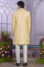Light Yellow Art Silk Indo Western Traditional Sherwani Kurta with Jacket & Pant for Men for Wedding - Embroidery Work