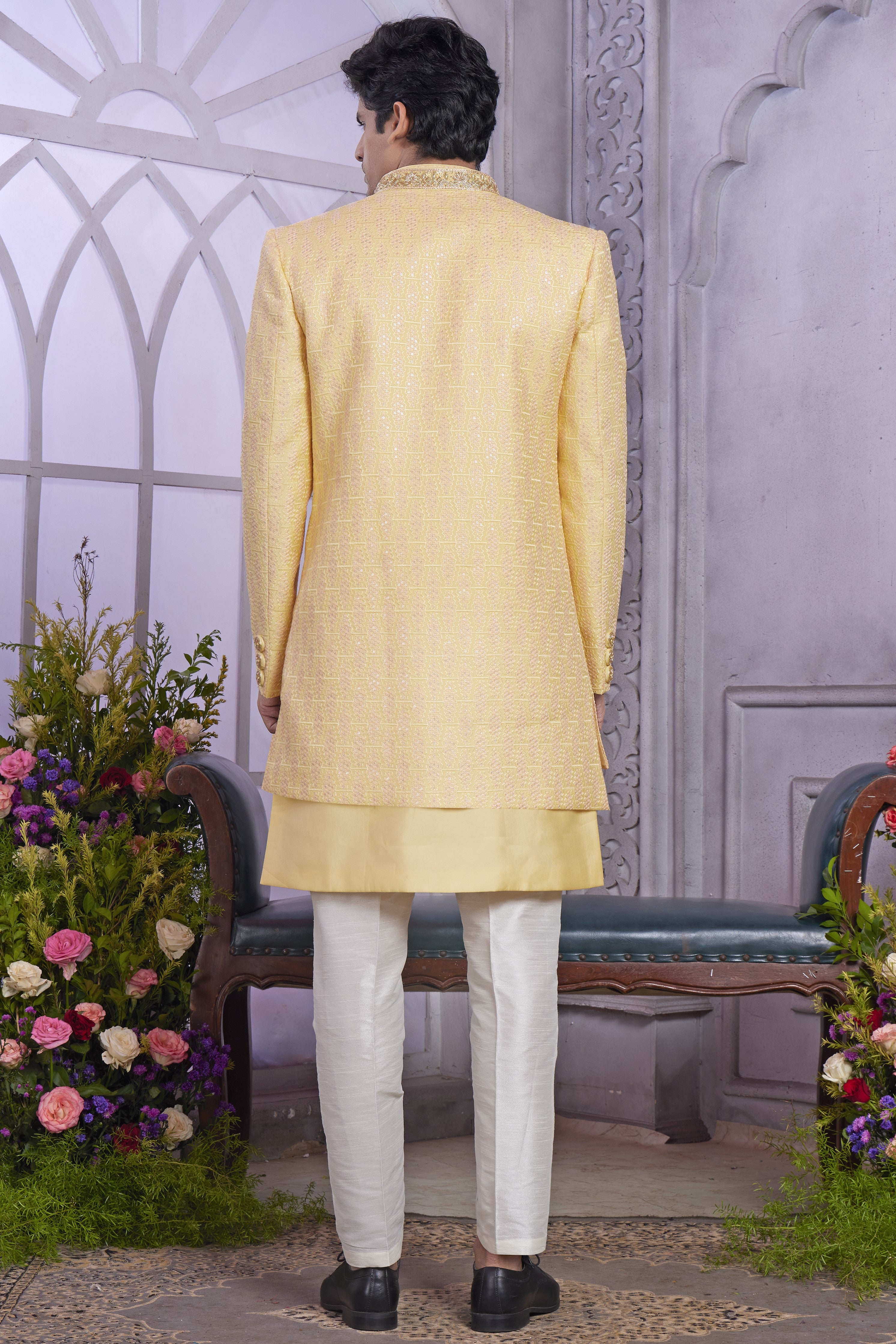 Light Yellow Art Silk Indo Western Traditional Sherwani Kurta with Jacket & Pant for Men for Wedding - Embroidery Work
